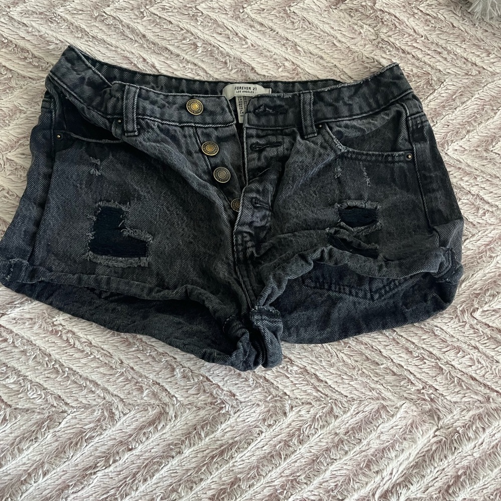 Forever 21 Distressed Black Jean Shorts with Frayed Hem